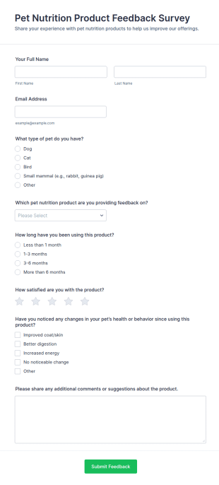 Pet Nutrition Product Feedback Survey Form Template
