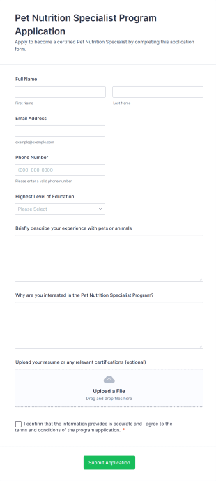 Pet Nutrition Specialist Program Application Form Template