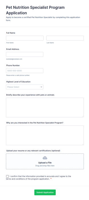 Pet Nutrition Specialist Program Application Form Template