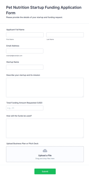 Pet Nutrition Startup Funding Application Form Template