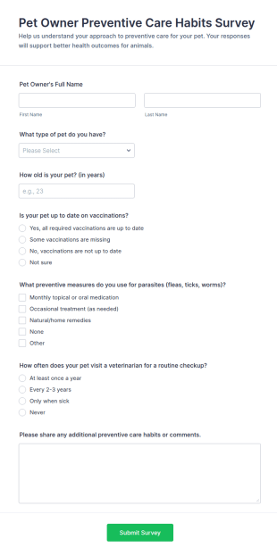 Pet Owner Preventive Care Habits Survey Form Template