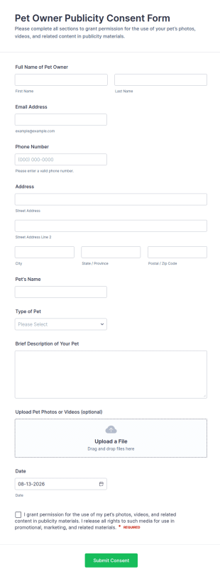 Pet Owner Publicity Consent Form Template