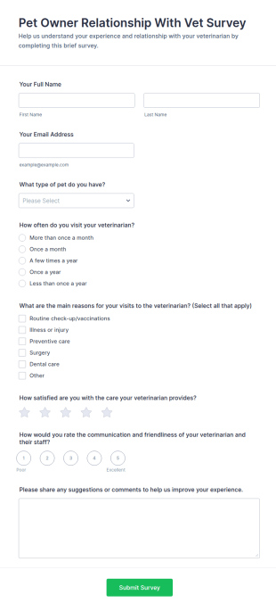 Pet Owner Relationship With Vet Survey Form Template