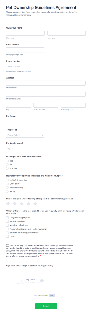 Pet Ownership Guidelines Agreement Form Template