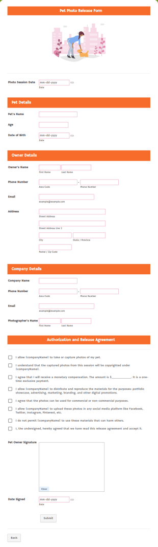 Pet Photo Release Form Template