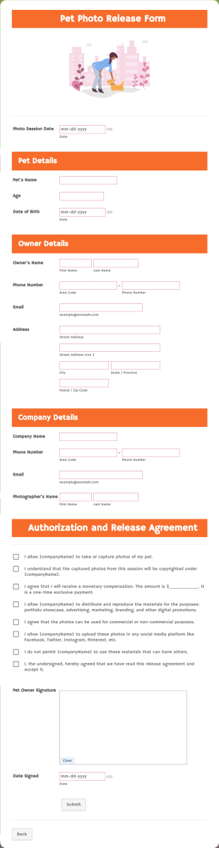 Pet Photo Release Form Template