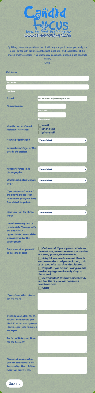 Pet Photography Contact Form Template