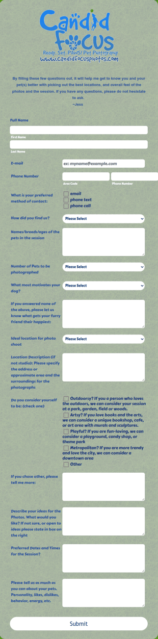 Pet Photography Contact Form Template