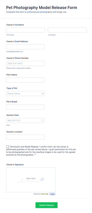Pet Photography Model Release Form Template