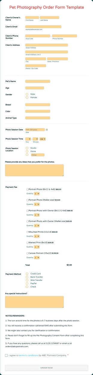 Pet Photography Order Form Template