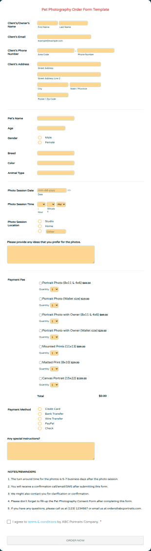 Pet Photography Order Form Template