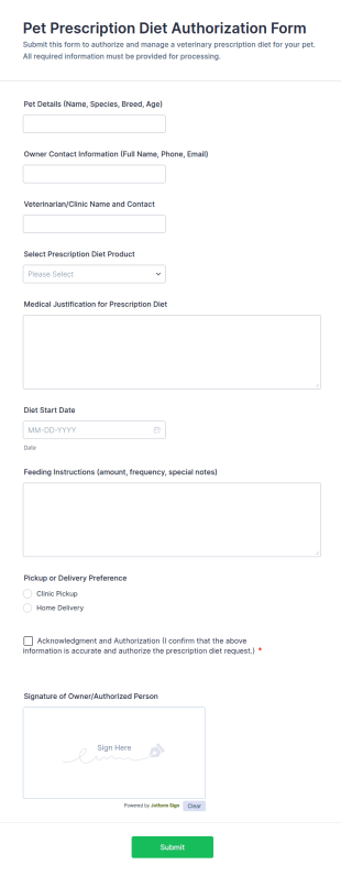 Pet Prescription Diet Authorization Form Template