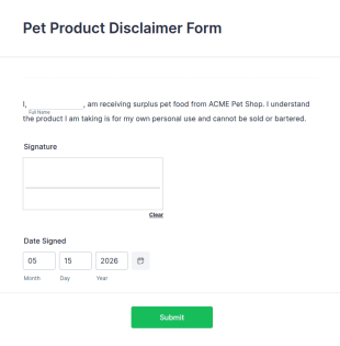 Pet Product Disclaimer Form Template