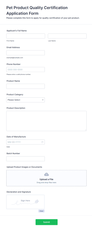 Pet Product Quality Certification Application Form Template