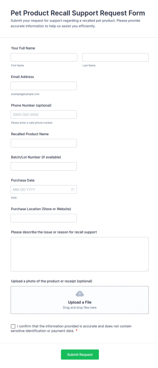 Pet Product Recall Support Request Form Template