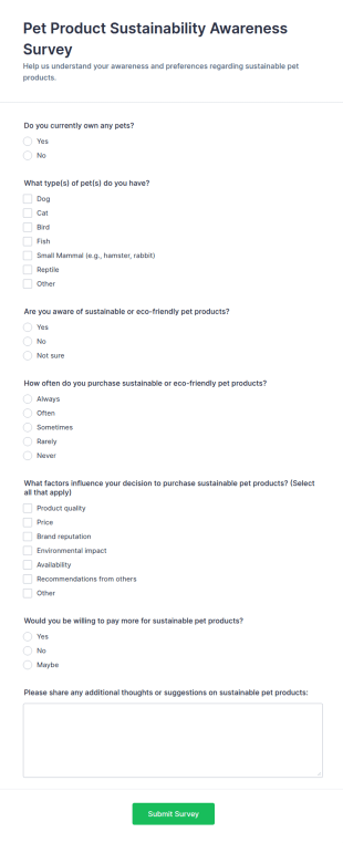 Pet Product Sustainability Awareness Survey Form Template
