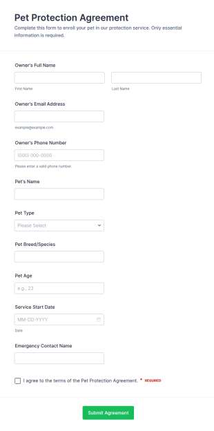 Pet Protection Agreement Form Template