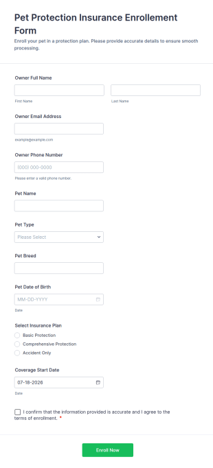 Pet Protection Insurance Enrollement Form Template