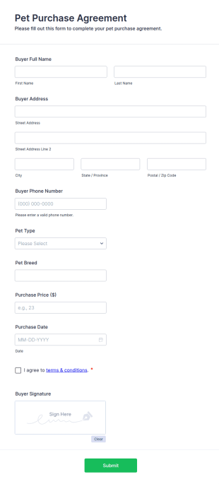 Pet Purchase Agreement Form Template