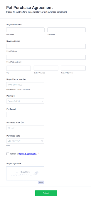 Pet Purchase Agreement Form Template