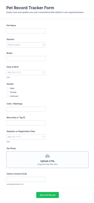 Pet Record Tracker Form Template