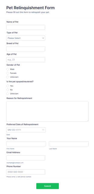 Pet Relinquishment Form Template