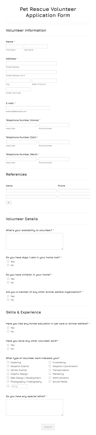 Pet Rescue Volunteer Application Form Template