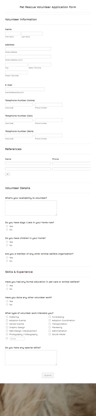 Pet Rescue Volunteer Application Form Template