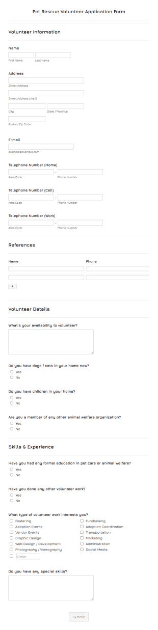 Pet Rescue Volunteer Application Form Template