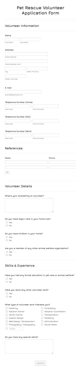 Pet Rescue Volunteer Application Form Template