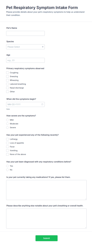 Pet Respiratory Symptom Intake Form Template
