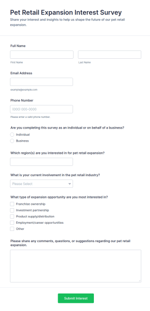 Pet Retail Expansion Interest Survey Form Template