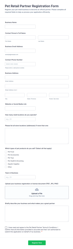 Pet Retail Partner Registration Form Template