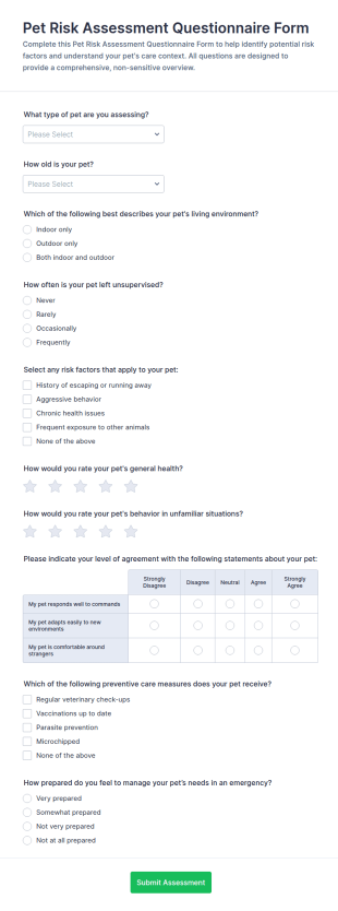 Pet Risk Assessment Questionnaire Form Template
