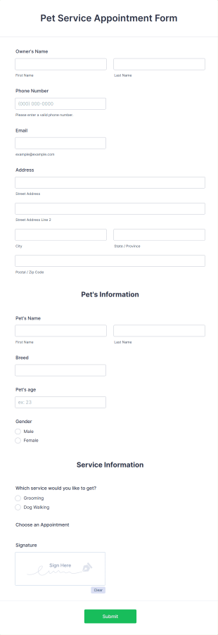 Pet Service Appointment Form Template