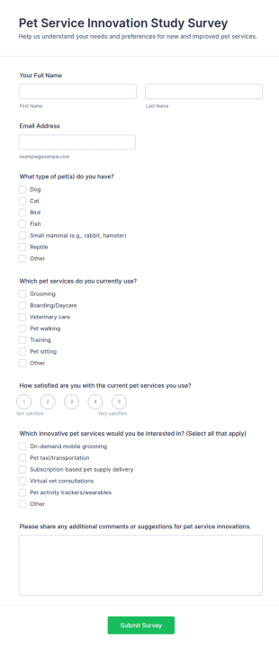 Pet Service Innovation Study Survey Form Template