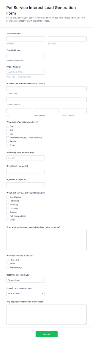 Pet Service Interest Lead Generation Form Template