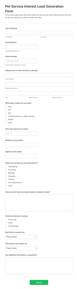 Pet Service Interest Lead Generation Form Template