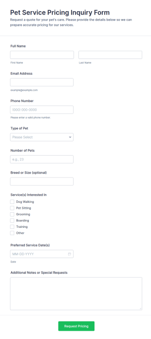 Pet Service Pricing Inquiry Form Template