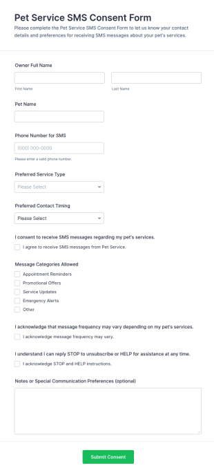 Pet Service SMS Consent Form Template