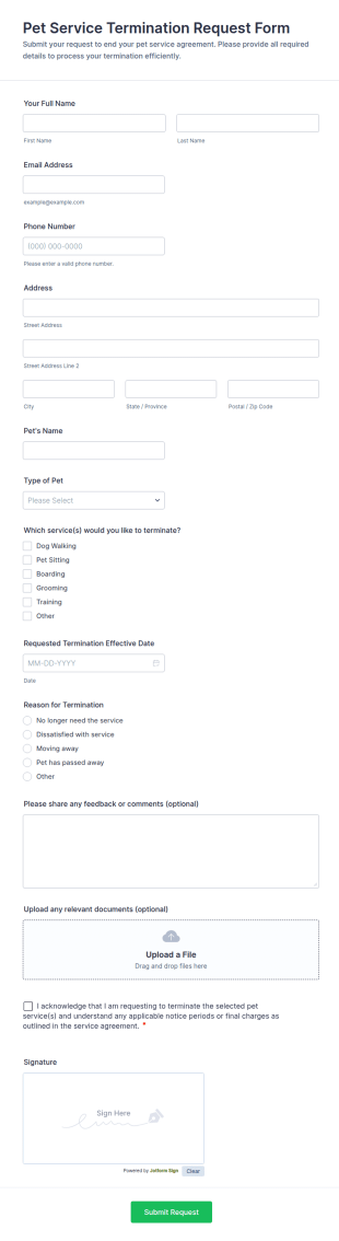 Pet Service Termination Request Form Template