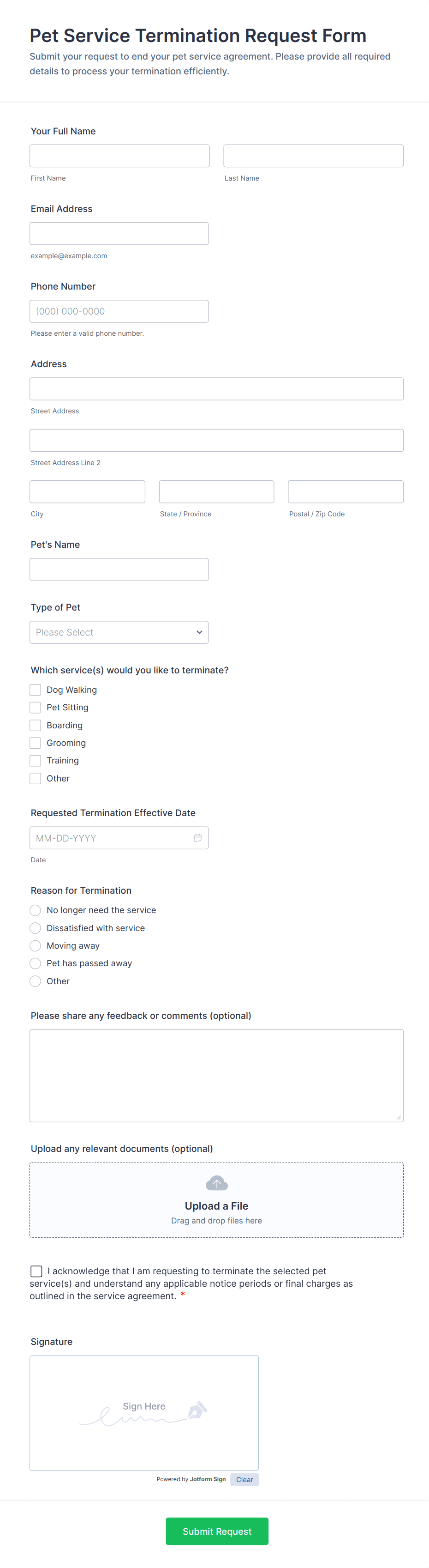 Pet Service Termination Request Form Template | Jotform