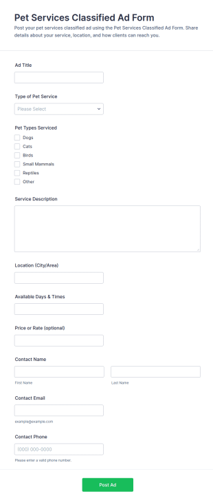 Pet Services Classified Ad Form Template