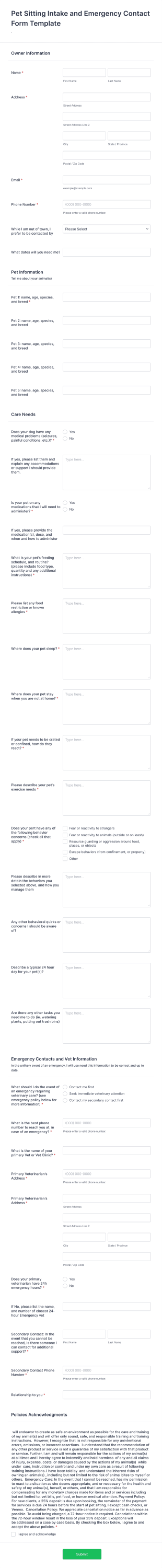Pet Sitting Intake And Emergency Contact Form Template