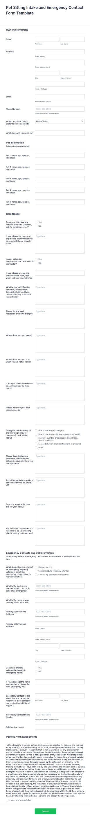 Pet Sitting Intake And Emergency Contact Form Template