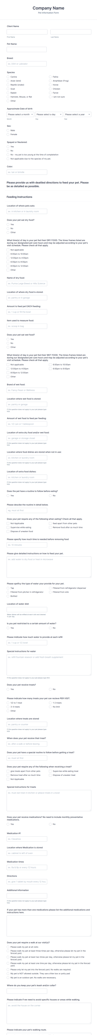 Pet Sitting Pet Form Template