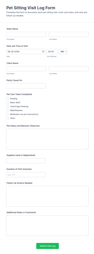 Pet Sitting Visit Log Form Template