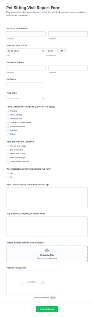Pet Sitting Visit Report Form Template