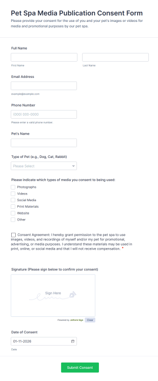 Pet Spa Media Publication Consent Form Template
