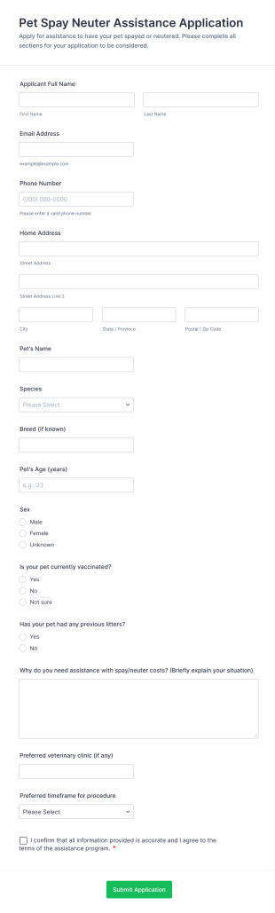 Pet Spay Neuter Assistance Application Form Template